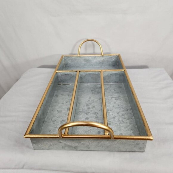 alvanized Divided Organizer Tray Silver with Gold Trim Handles Silver Ware - Picture 3 of 6